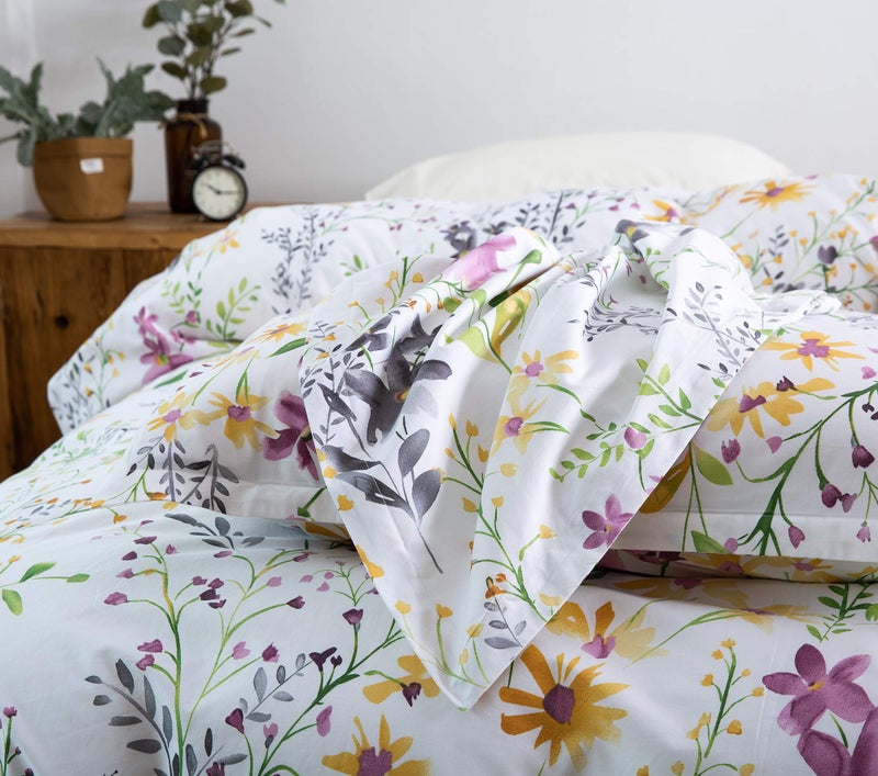 Eikei Windflower Bedding Bloomfield Floral Duvet Cover 3pc Set Cotton Botanical Nature Vines Branches Birds Butterflies Multicolored Flowers (Full/Queen, White) - Image 4